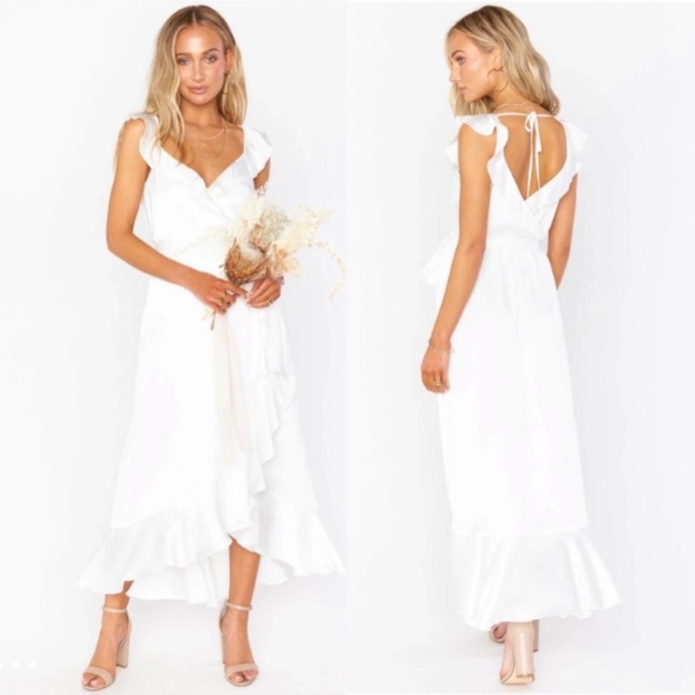 Show Me Your Mumu Samantha Ruffle Wrap Dress Ivory Luxe Satin Small